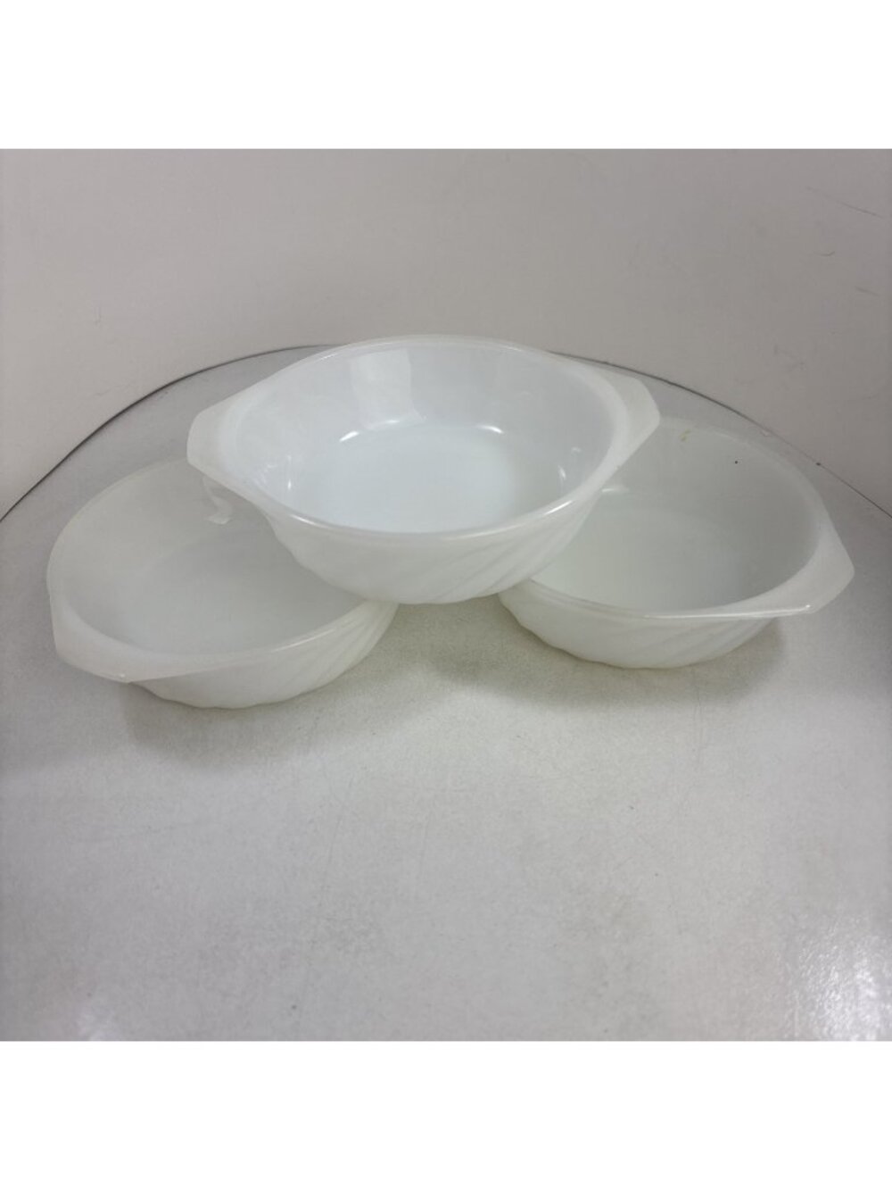 3 Vtg Anchor Hocking Fire King Casserole Single Dishes Swirl Milk White Glass